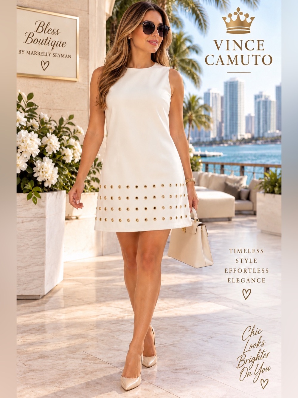 Vince Camuto Ivory Gold Grommet Shift Dress Sleeveless Size 8